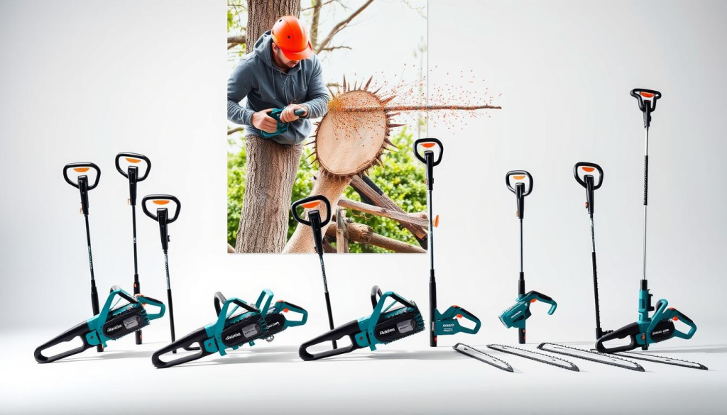 A detailed comparison of Makita pole saws against other leading brands, captured in a realistic, well-lit studio setting. The foreground showcases a range of Makita pole saw models in various sizes, with their key features and specifications prominently displayed. The middle ground depicts the saws in action, demonstrating their power and versatility through dynamic angles and perspectives. The background subtly highlights the diverse outdoor applications, creating an immersive and informative visual narrative. The overall lighting is crisp and balanced, emphasizing the high-quality construction and attention to detail of the Makita pole saw lineup. This comprehensive comparison aims to guide the viewer in understanding the unique capabilities and advantages of the Makita brand.