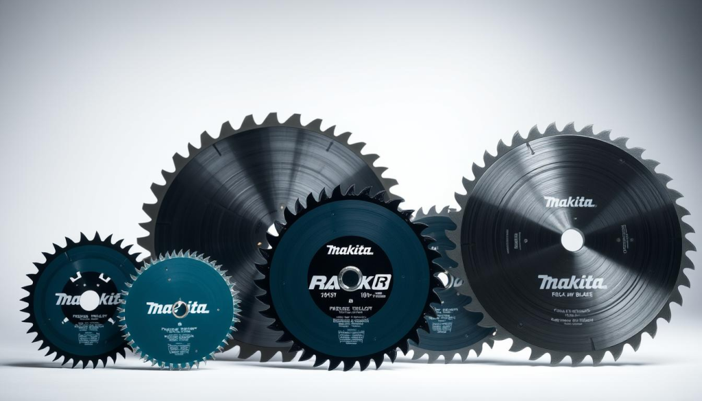 A detailed comparison of Makita track saw blades positioned in the foreground, with a clean, well-lit studio background. The blades should be shown from various angles, highlighting their distinct features, teeth patterns, and construction. The middle ground should feature a clean, minimalist setup with the blades arranged neatly, allowing for easy visual comparison. The lighting should be soft and even, emphasizing the quality and precision of the blades. The overall mood should be professional, technical, and informative, conveying the expertise and attention to detail required for this type of power tool accessory.