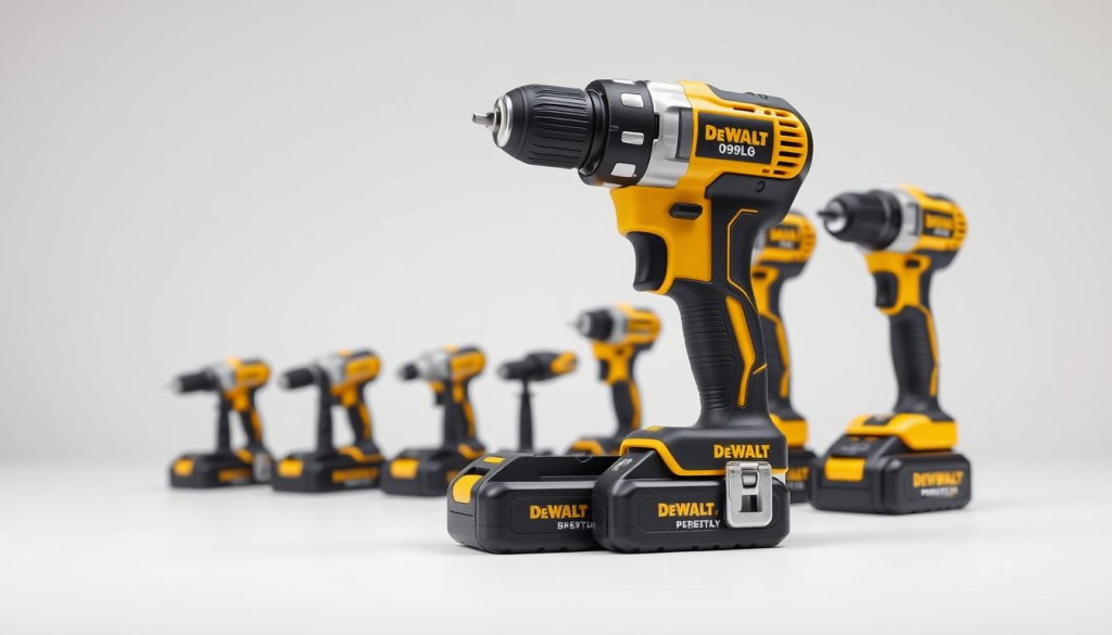 A detailed comparison of a Dewalt 089lg cordless drill against other models, captured in a high-quality, studio-style product photography setup. The drill is prominently displayed in the foreground, its compact yet powerful design showcased under soft, directional lighting that accentuates its sleek metallic finish. In the middle ground, additional Dewalt drill models are arranged neatly, allowing for a side-by-side size and feature comparison. The background is a clean, minimalist environment, free of distractions, putting the focus entirely on the tools and their distinguishing characteristics.