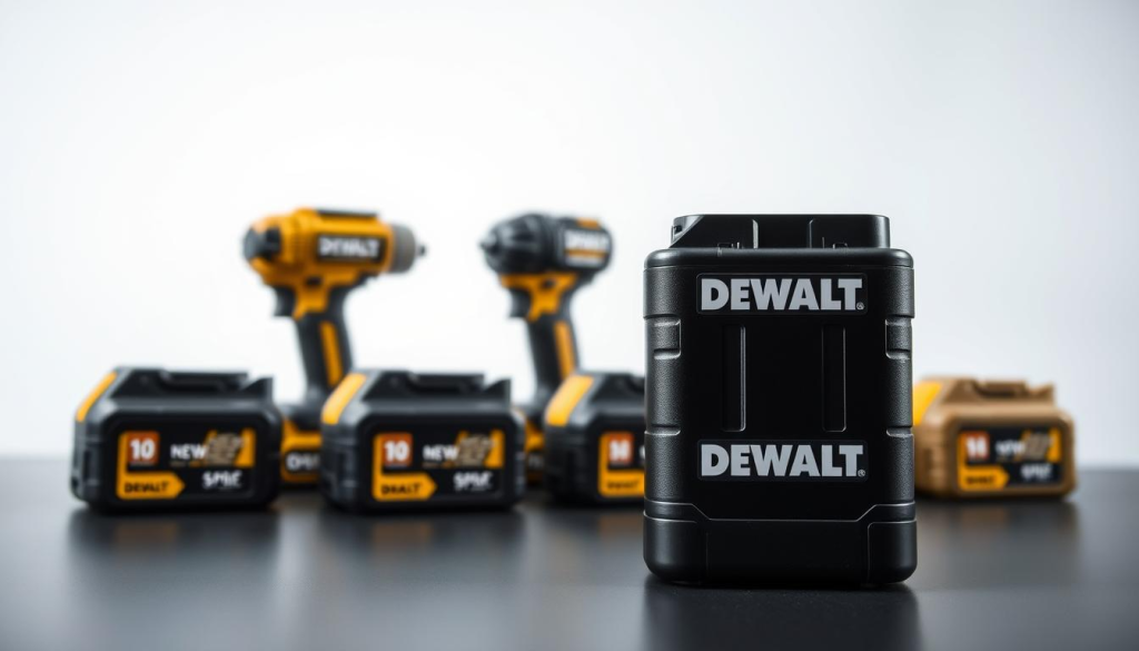 A detailed comparison of the DEWALT 9 Amp battery against other leading brands. Prominently displayed in the foreground, the DEWALT battery stands out with its sleek black casing and prominent branding. In the middle ground, several other batteries are arranged for comparison, showcasing their distinctive designs and sizes. The background features a clean, minimalist setting, allowing the batteries to take center stage. Bright, directional lighting emphasizes the metallic accents and highlights the textural details of the batteries. The overall composition conveys a sense of technical precision and product superiority, reflecting the power and reliability of the DEWALT 9 Amp battery.