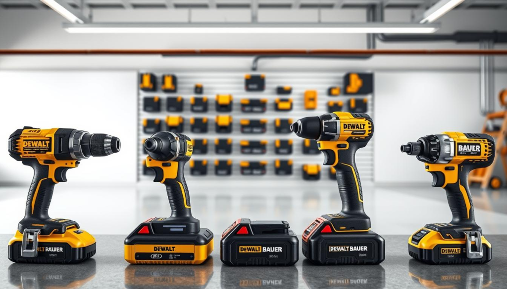 A detailed comparison of the DEWALT and BAUER tool systems, captured in a photorealistic image. In the foreground, two power tools from each brand sit side by side, their designs and features meticulously rendered. The middle ground showcases an array of interchangeable battery packs, highlighting the cross-compatibility between the systems. In the background, a clean, well-lit workshop setting provides context, with subtle reflections and shadows adding depth and realism. The image conveys a sense of technical precision and user-centric design, inviting the viewer to explore the nuances of these competing power tool ecosystems.