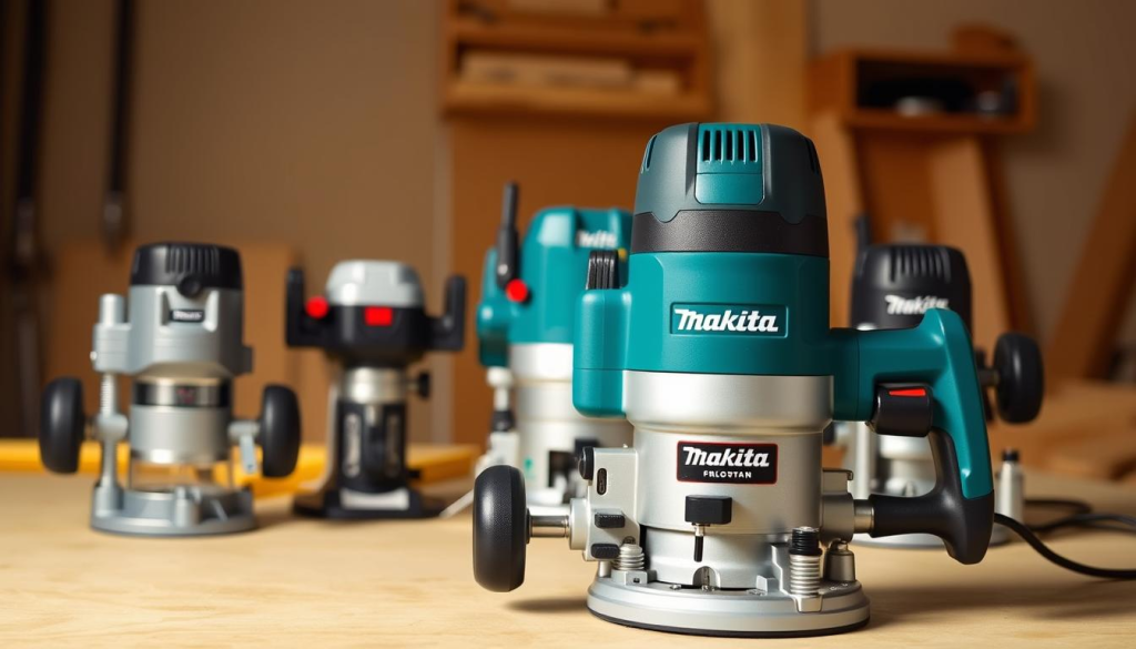A detailed comparison of the best trim routers, showcasing their distinct features and capabilities. In the foreground, a well-lit, high-quality close-up of the Makita trim router, its ergonomic design and precision controls prominently displayed. In the middle ground, a thoughtful side-by-side arrangement of other leading trim router brands, each captured from a dynamic angle that highlights their unique selling points. The background features a subtle, clean workspace setting, with warm lighting and a sense of craftsmanship that complements the tools. The overall mood is one of technical proficiency, inviting the viewer to closely examine and appreciate the nuances that distinguish these top-tier trim routers.