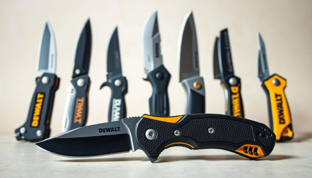 A detailed comparison shot of a DEWALT folding knife alongside other prominent folding knife brands, set against a neutral backdrop with natural studio lighting. The DEWALT knife is prominently featured in the foreground, showcasing its robust construction and sleek design. The other knives are arranged in the middle ground, allowing for a side-by-side examination of their distinctive styles and features. The background maintains a clean, minimalist aesthetic to keep the focus on the knives. The overall scene conveys a sense of quality, durability, and the distinct characteristics that set the DEWALT folding knife apart from its competitors.