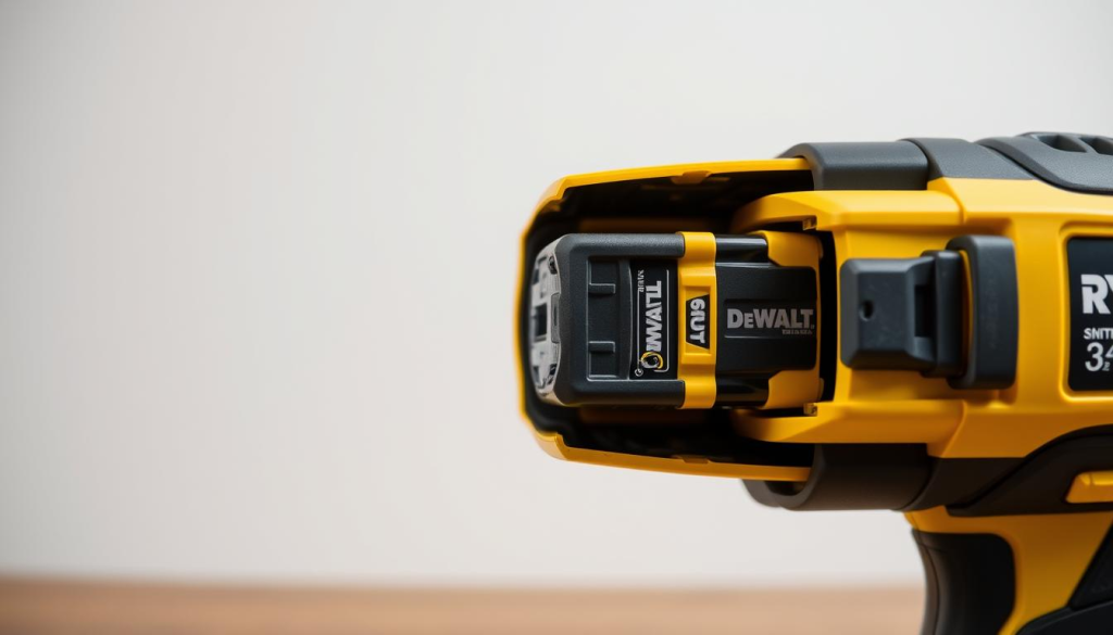 A detailed cross-sectional view of a battery compartment, showcasing the compatibility between a DeWalt battery and a Ryobi power tool. The foreground features the DeWalt battery with its distinctive yellow and black casing, seamlessly fitting into the Ryobi tool's battery bay. The middle ground highlights the internal components, including the battery terminals, contacts, and the tool's circuitry, indicating a secure and reliable connection. The background is a neutral, minimalist workspace setting, emphasizing the technical focus of the scene. Soft, directional lighting casts gentle shadows, accentuating the details and creating a sense of depth. The overall composition conveys the pros and cons of using the DeWalt battery in the Ryobi tool, hinting at the potential benefits and challenges of such cross-brand compatibility.