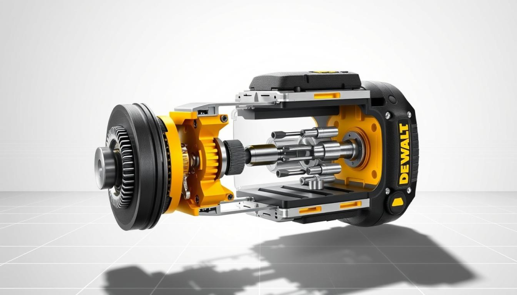 A detailed, cutaway illustration of the Dewalt Quick Drive mechanism, showcasing its inner workings in a clean, technical style. The foreground depicts the drive mechanism with precision, highlighting the various components such as the spring-loaded clutch, gear assembly, and magnetic bit holder. The middle ground includes a sectioned view revealing the internal structure, allowing the viewer to understand the functionality. The background features a minimalist, monochromatic environment with subtle technical grid patterns, emphasizing the engineering focus. Bright, directional lighting casts sharp shadows, enhancing the sense of depth and technical detail. The overall mood is one of precision, efficiency, and engineering excellence, reflecting the Dewalt brand's reputation for innovative power tool design.
