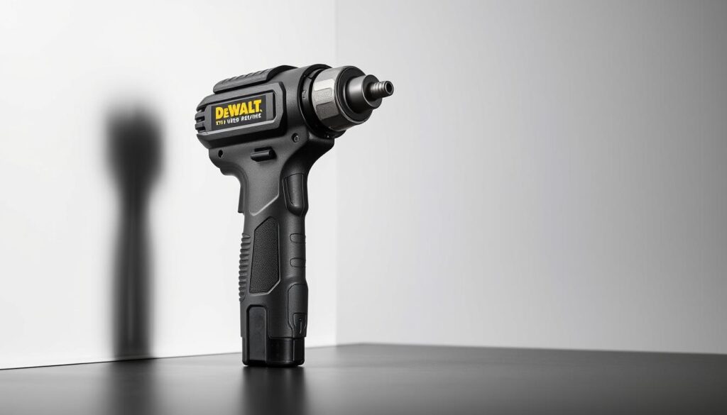 A detailed ergonomic design of a DEWALT USB screwdriver, showcased against a clean, minimalist background. The screwdriver is positioned at a slight angle, highlighting its sleek, modern form and matte black finish. The grip features a textured surface for optimal control and comfort, while the compact body houses a powerful motor and USB charging port. Soft, directional lighting accentuates the tool's contours, creating a sense of depth and dimensionality. The composition emphasizes the screwdriver's practical functionality and premium construction, conveying a professional, high-quality aesthetic.