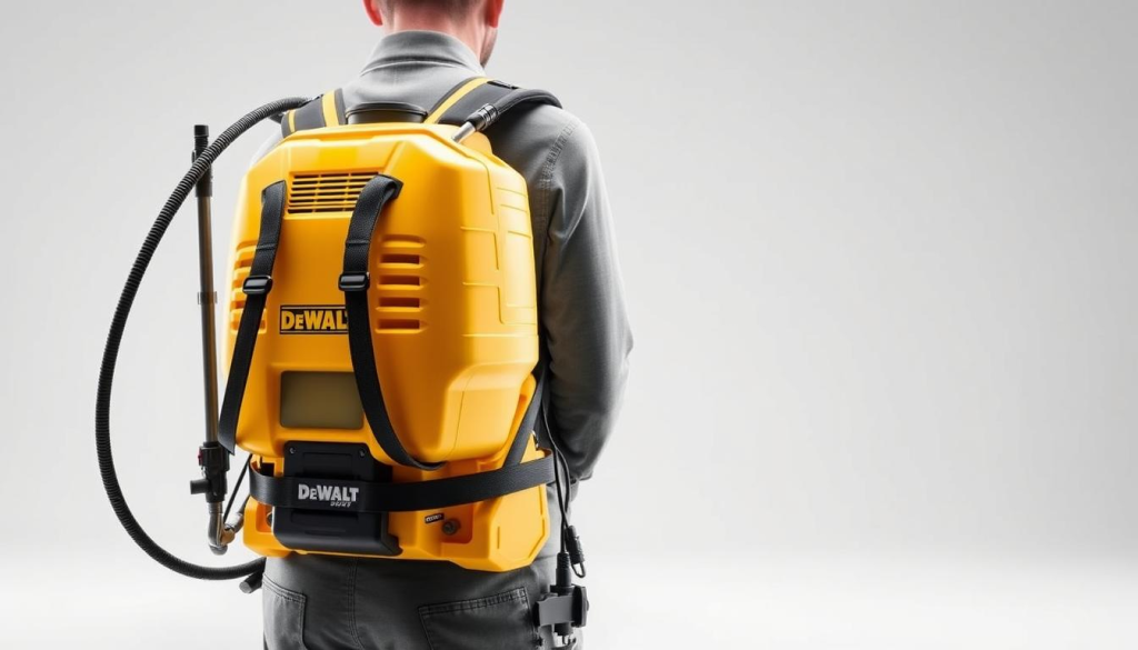 A detailed, ergonomic view of the DeWALT 4-gallon backpack sprayer. The sprayer is shown in a crisp, well-lit studio setting, showcasing its comfortable, contoured backpack design. The camera focuses on the padded shoulder straps, adjustable waist belt, and ventilated back panel, capturing the thoughtful ergonomics that promote user comfort and stability during prolonged use. The sprayer's overall form and silhouette are clear, allowing the viewer to appreciate the balanced weight distribution and ergonomic hand grips. The lighting is soft and diffused, accentuating the sprayer's sleek, durable materials and modern aesthetic. This image provides a comprehensive look at the sprayer's ergonomic features, aligning with the "Design and Ergonomics" section of the article.