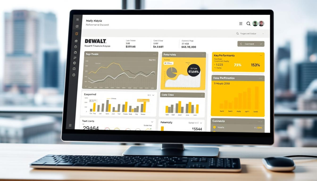 A detailed financial analysis dashboard displaying DEWALT's recent revenue trends and performance metrics. The dashboard is presented on a sleek, modern computer screen with a minimalist, high-contrast design. The background features a blurred cityscape, suggesting the broader business landscape. Carefully selected data visualizations, such as line graphs, bar charts, and key performance indicators, provide a comprehensive overview of DEWALT's financial health. The overall composition conveys a sense of professionalism, data-driven decision making, and the importance of understanding a company's financial performance.