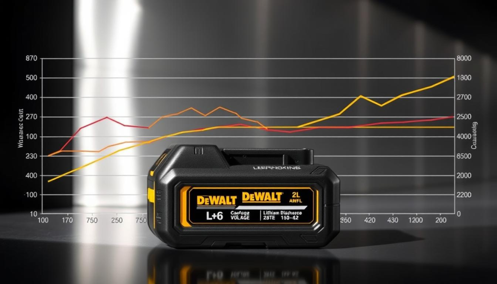 A detailed graph showcasing the performance of a DeWalt lithium-ion battery over time. The image features a sleek, metallic-themed backdrop, with the battery occupying the foreground. The battery's capacity, voltage, and discharge rate are displayed through a series of line graphs and charts, providing a clear visual representation of its durability and longevity. The lighting is crisp and directional, casting subtle shadows that accentuate the battery's angular design. The overall mood is one of technical precision and data-driven analysis, reflecting the practical nature of the subject matter.