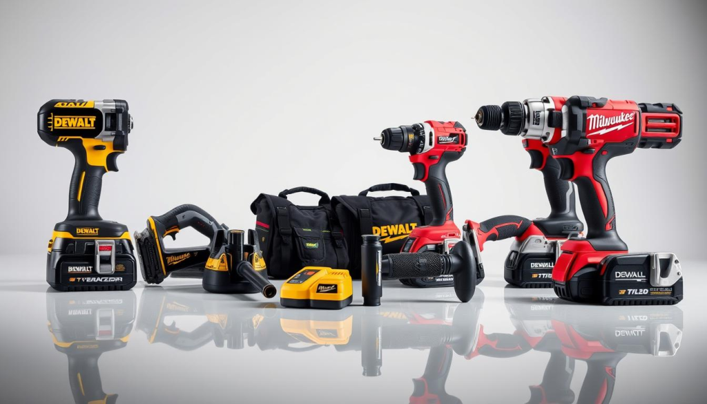 A detailed, high-quality comparison of DEWALT and Milwaukee power tools, showcased in a well-lit, studio-style environment. The foreground features a selection of representative tools from both brands, arranged neatly on a clean, reflective surface. The middle ground highlights the distinct designs, features, and branding of the tools, allowing for a clear visual comparison. The background is a seamless, neutral backdrop that emphasizes the products, with subtle shadows and highlights to accentuate the tools' forms and materials. The overall composition conveys a sense of professionalism, attention to detail, and a focus on the key differences between the two leading power tool brands.