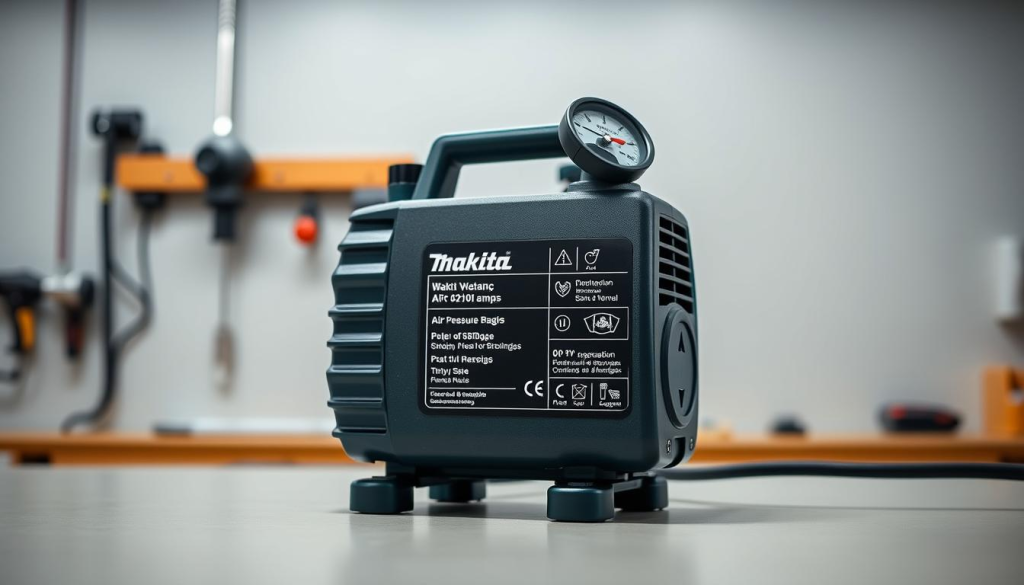 A detailed, high-quality image of the Makita air pump specifications, showcased on a clean, well-lit workbench. The pump is displayed prominently in the center, with a crisp, clear view of its technical details, such as the air pressure gauge, input voltage, and flow rate. The background is a neutral, light-colored surface, allowing the pump's features to stand out. The lighting is soft and diffused, creating a professional, technical atmosphere. The camera angle is slightly elevated, providing a clear, unobstructed view of the pump's specifications and overall design.