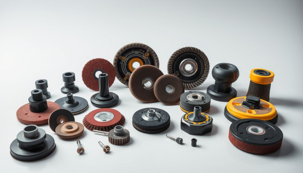 A detailed, high-quality image of various Dewalt die grinder accessories, including a variety of grinding discs, flap wheels, sanding drums, and other attachments, arranged neatly on a clean, well-lit surface. The accessories are showcased in a way that highlights their versatility and compatibility with the Dewalt 90 Degree Die Grinder, capturing the attention of the viewer and conveying the enhanced functionality they can provide. The image has a professional, technical aesthetic, with a neutral background that allows the accessories to be the focal point.
