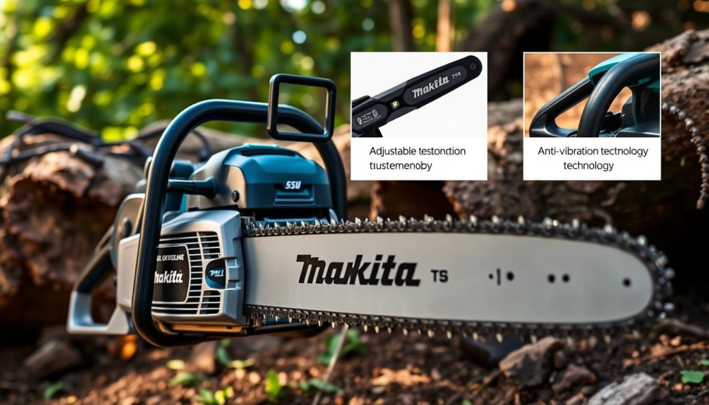A detailed, high-quality image showcasing the key features of a Makita gas chainsaw. In the foreground, the chainsaw is prominently displayed, its metal body and powerful engine meticulously rendered. In the middle ground, close-up views highlight the chainsaw's ergonomic handle, adjustable chain tensioning system, and anti-vibration technology. The background depicts a rugged outdoor setting, with lush greenery and natural lighting casting warm tones across the scene. The image conveys the chainsaw's robust construction, advanced safety features, and exceptional performance for demanding landscaping and tree-cutting tasks.