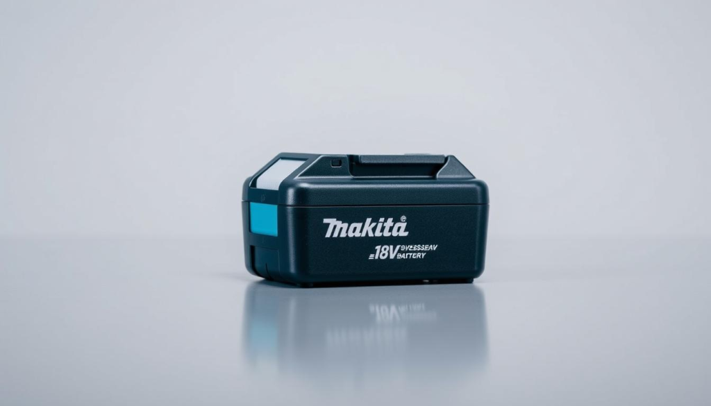 A detailed, high-quality photograph of a Makita 18V cordless tool battery in a well-lit, professional studio setting. The battery is the main focus, positioned at a slight angle to showcase its sleek, compact design. The surface reflects the battery's dark blue color scheme, highlighting the Makita logo and branding. The background is a clean, neutral gray or white, allowing the battery to stand out. Soft, directional lighting casts gentle shadows, emphasizing the battery's contours and texture. The image captures the battery's premium quality and durability, reflecting the key features described in the article's section title.