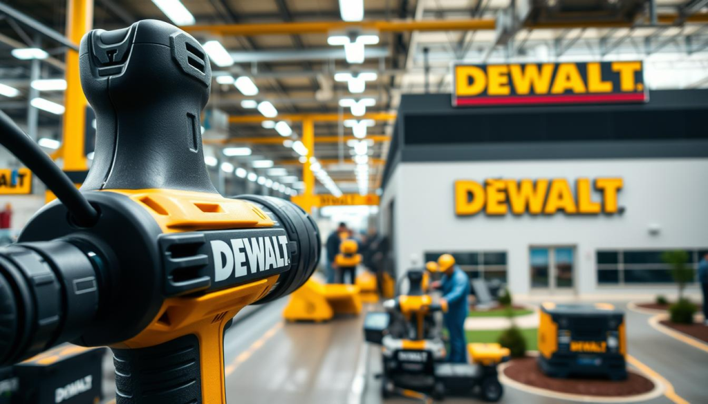 A detailed, high-quality photograph of the manufacturing origins of DEWALT tools, showcasing the company's facilities and production processes. The foreground features a close-up view of a DEWALT power tool, capturing its sleek, industrial design and iconic yellow and black color scheme. The middle ground depicts the interior of a modern manufacturing plant, with workers assembling and testing the tools using state-of-the-art equipment. The background showcases the exterior of the DEWALT factory, with its prominent signage and well-maintained grounds, conveying a sense of pride and craftsmanship in the brand's American-made heritage. The image is lit with a combination of natural and artificial lighting, creating a balanced and visually compelling composition that highlights the attention to detail and quality inherent in DEWALT's products.