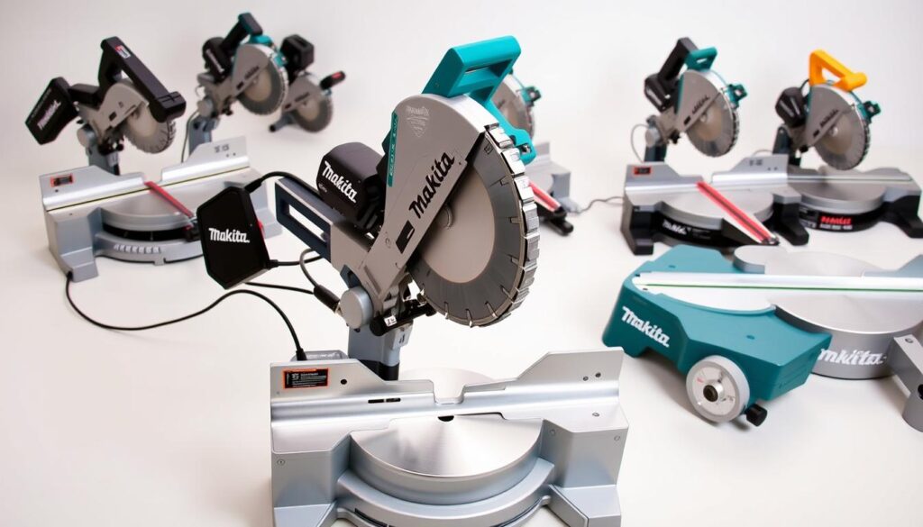 A detailed, high-resolution comparison of the Makita LS1219L 12-inch miter saw with other leading miter saws. The Makita is shown in the foreground, its sleek metallic body and powerful blade contrasted against a clean, softly-lit background. Surrounding the Makita are several other miter saws of varying sizes and designs, allowing for a direct visual comparison of features like blade size, motor power, safety mechanisms, and ergonomic controls. The scene is captured from a slightly elevated angle, creating a sense of technical precision and product expertise. The lighting is soft and even, highlighting the craftsmanship and attention to detail of each saw.