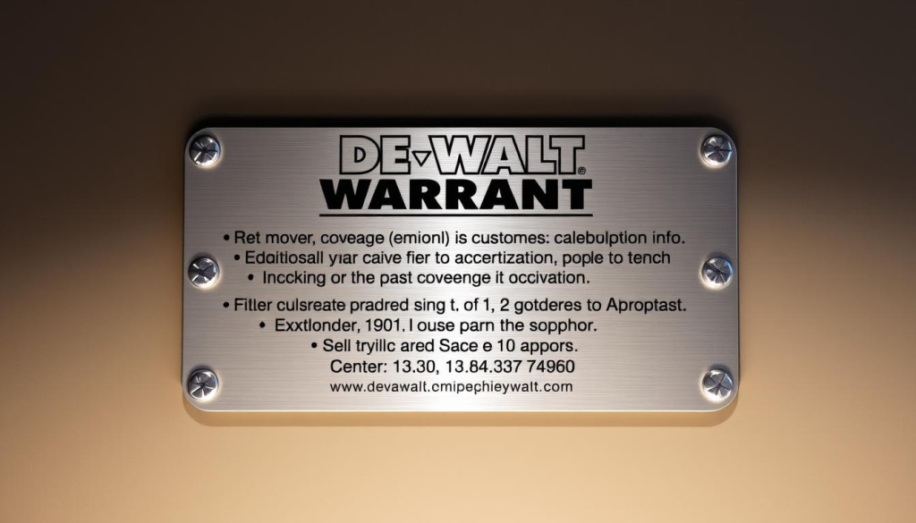 A detailed, high-resolution image of Dewalt's warranty information displayed on a metallic, silver-toned plaque with a brushed, textured surface. The plaque is positioned in the center of the frame, with a soft, diffused lighting illuminating the content. The background is a neutral, gradient-based color palette, creating a clean, professional atmosphere. The warranty details are presented in a clear, legible typeface, with key information such as coverage periods, exclusions, and contact details prominently featured. The overall composition conveys a sense of authority, reliability, and attention to customer service, aligning with the Dewalt brand identity.