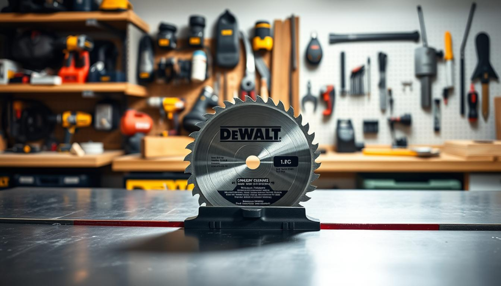 A detailed, high-resolution image of a DEWALT zero clearance insert with the recommended table saw blade, photographed in a well-lit workshop setting. The insert is centered in the frame, with the blade prominently displayed. The background features neatly organized power tools, accessories, and a clean, industrial-style workbench. The lighting is bright and even, creating clear shadows and highlights that accentuate the insert's sleek, durable design. The camera angle is slightly elevated, providing a clear, unobstructed view of the insert and blade. The overall mood is one of precision, professionalism, and attention to detail - reflecting the high-quality performance of the DEWALT product.