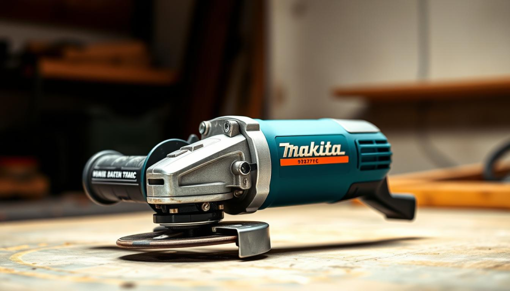 A detailed, high-resolution image of a Makita 9237C angle grinder, showcasing its features and construction in a realistic setting. The grinder is centered in the frame, with a clean, well-lit background that emphasizes its sturdy, metallic design and ergonomic grip. The image captures the grinder from a slight angle, highlighting its sleek profile and high-quality construction. The lighting is warm and natural, creating a sense of depth and texture. The overall mood is one of quality, reliability, and professionalism, reflecting the subject's suitability for DIY and workshop applications.