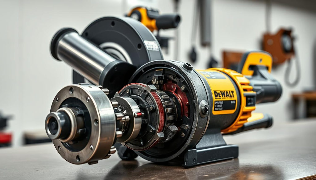 A detailed, high-resolution image of the internal components of a DeWalt 9-inch grinder, showcased on a clean, well-lit workbench. The foreground features the disassembled grinder, with the motor, bearings, armature, and other key parts displayed in a visually appealing arrangement. The middle ground showcases the grinder's outer housing, guard, and trigger, highlighting the tool's robust and ergonomic design. The background is softly blurred, maintaining focus on the grinder's intricate internals. Crisp, even lighting from multiple angles accentuates the metallic textures and mechanical details, creating a technically accurate and visually striking representation of the grinder's components.