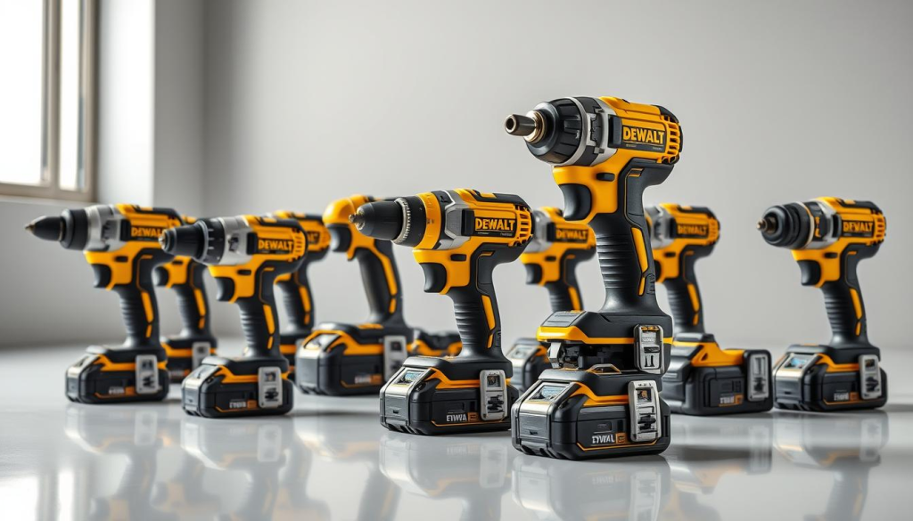 A detailed, high-resolution image showcasing a collection of DEWALT impact driver models in a well-lit, professional setting. The impact drivers are arranged neatly on a clean, reflective surface, allowing for a clear view of their distinctive features and design elements. The lighting is soft and even, accentuating the sleek, sturdy construction of the tools. The image captures the diverse range of DEWALT impact drivers, from compact and portable models to more heavy-duty options, highlighting the brand's commitment to providing specialized solutions for various construction and DIY tasks.