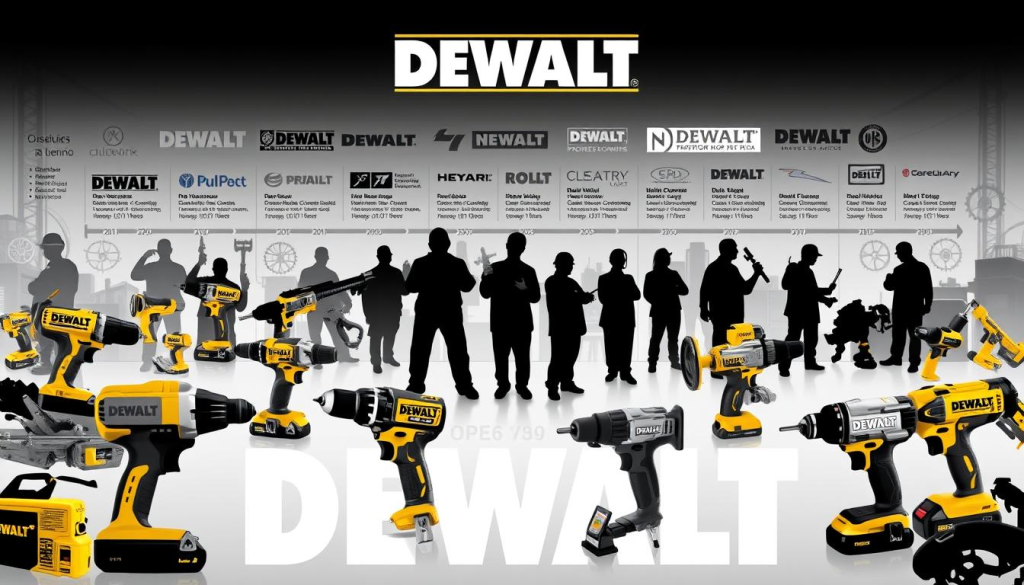 A detailed illustration of DEWALT's history, showcasing its key acquisitions over the years. In the foreground, a collage of prominent DEWALT power tools, including drills, saws, and sanders, against a backdrop of corporate logos and timelines tracing the company's growth through strategic mergers and acquisitions. The middle ground features silhouettes of engineers and workers, symbolizing DEWALT's innovation and dedication to professional-grade tools. The background depicts a sleek, modern industrial setting with steel structures and gears, conveying DEWALT's engineering expertise and technological prowess. The overall tone is one of authority, innovation, and a proud legacy of craftsmanship.