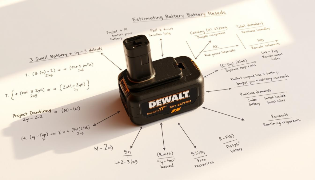 A detailed illustration of a DEWALT battery and a series of calculations on a white background, showcasing the process of estimating battery needs for projects. Warm, natural lighting illuminates the scene, creating a clean and informative atmosphere. The battery is rendered with precision, highlighting its technical features. Surrounding the battery are neatly organized formulas, charts, and diagrams that provide clear guidance on determining the required number of batteries based on project power demands and runtime requirements. The composition emphasizes the practical, step-by-step approach to battery selection, allowing the viewer to easily understand the decision-making process.