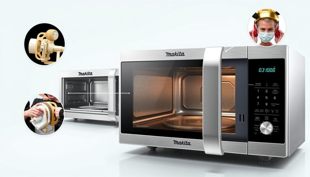 A detailed illustration of the Makita microwave's key features, showcased in a clean, well-lit studio setting. Prominently displayed in the foreground is the microwave's sleek, brushed stainless steel exterior, with its intuitive control panel and digital display highlighted. The middle ground reveals the microwave's interior, showcasing its spacious capacity and advanced cooking functions. In the background, a subtle gradient or simple backdrop enhances the overall composition, allowing the microwave's design and features to take center stage. The image conveys a sense of quality, precision, and the microwave's ability to deliver effortless, high-performance cooking.