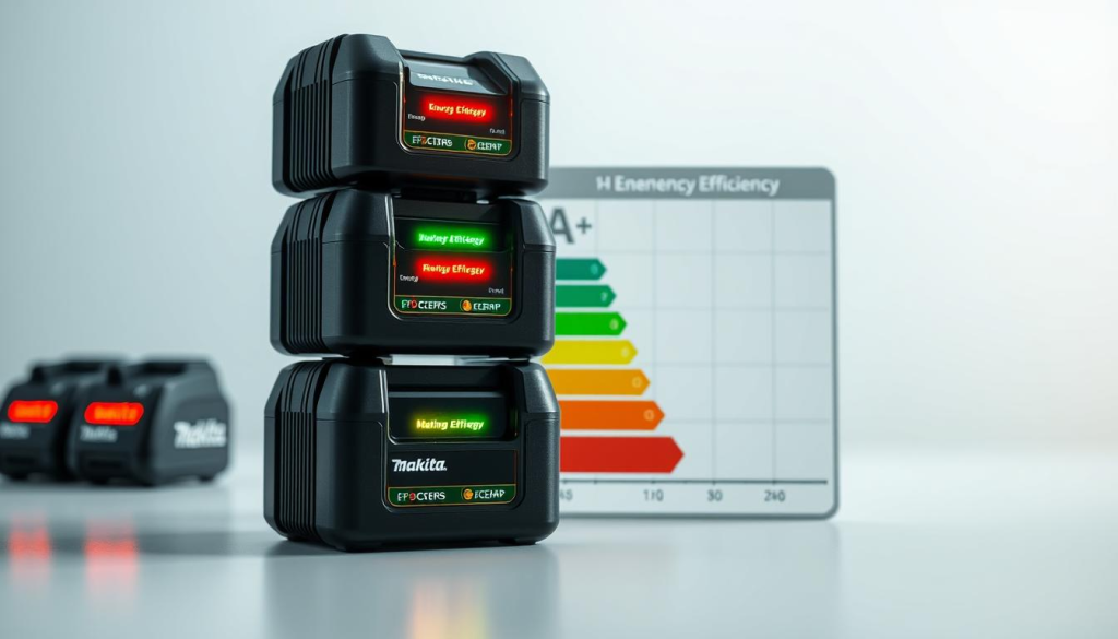 A detailed image of energy efficiency ratings showcasing a sleek, modern design. In the foreground, a stack of Makita battery chargers in various sizes, their LED indicators glowing with vibrant colors to denote their energy efficiency levels. The middle ground features a grid-like layout of energy efficiency labels, ranging from A+++ to G, with accompanying visual cues such as color-coded bars and icons. The background subtly depicts a minimalist, technology-inspired environment, perhaps with a gentle gradient or abstract patterns to create a clean, futuristic atmosphere. The lighting is soft and even, highlighting the chargers' smooth, high-quality surfaces and the clarity of the efficiency ratings. The overall composition should convey a sense of environmental responsibility and technological sophistication, aligning with the article's focus on the Makita charger's environmental impact.
