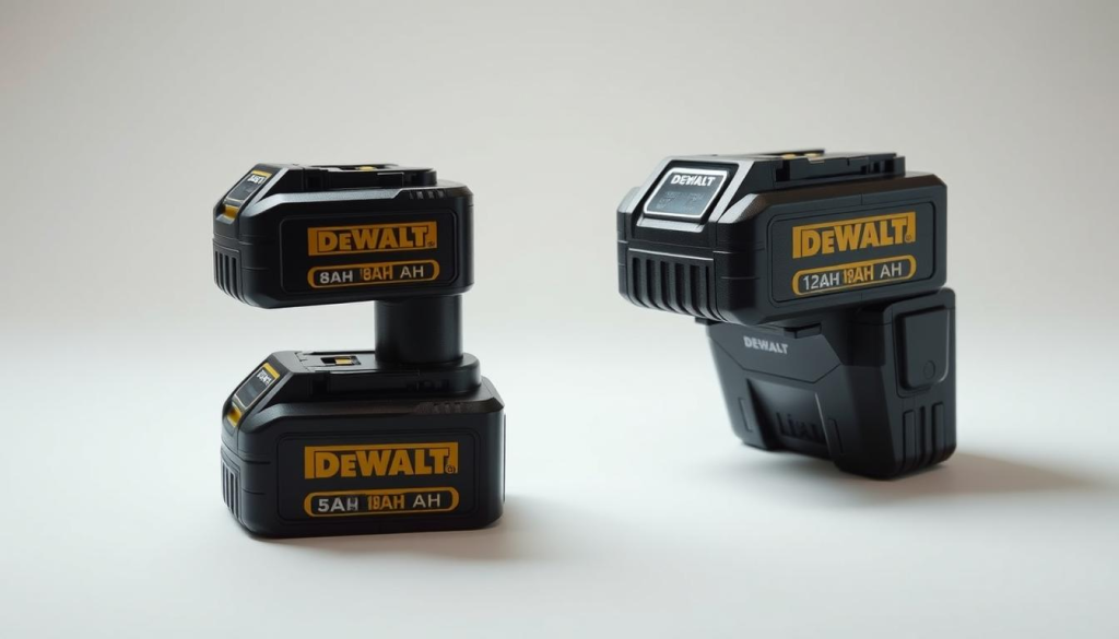 A detailed product comparison of the DEWALT 8AH lithium-ion battery pack. The image should be captured in a clean, well-lit studio setup, showcasing the battery pack from multiple angles. Highlight the size, form factor, and distinguishing features of the 8AH battery in relation to other comparable options, such as smaller 5AH or larger 12AH batteries. Capture the battery pack from the front, side, and angled perspectives to provide a comprehensive visual overview. The lighting should be soft and diffused, emphasizing the sleek, modern design of the DEWALT battery. The background should be a neutral, minimalist tone that allows the battery pack to be the focal point of the image.