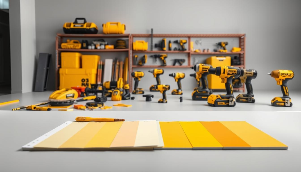 A detailed side-by-side comparison of the iconic DeWalt yellow color against popular tool brand palettes. In the foreground, a meticulously arranged display of paint swatches, brushes, and hardware tools in various shades of yellow, showcasing the distinct hue of DeWalt. The middle ground features a clean, well-lit workspace with an array of power tools in contrasting colors, allowing the DeWalt yellow to stand out prominently. The background gently fades into a neutral gray studio setting, keeping the focus on the color comparison. The lighting is soft and diffused, accentuating the smooth, glossy finish of the tools. The overall composition conveys a sense of professionalism, precision, and the attention to detail that defines the DeWalt brand.
