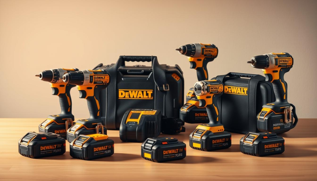A detailed still-life image of a DeWalt 20V tool kit, showcasing its compatibility with various power tools. The kit is presented on a clean, well-lit wooden surface, with a neutral background allowing the products to take center stage. The tools are artfully arranged, highlighting their sleek, modern design and the interchangeability of the batteries. Warm, directional lighting casts subtle shadows, creating depth and emphasizing the textural elements of the kit's components. The image conveys a sense of professional-grade quality and versatility, reflecting the capabilities of the DeWalt 20V tool system.