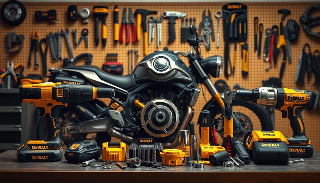 A detailed still life of a collection of DeWalt motorcycle accessories, arranged on a workbench in a well-lit garage. In the foreground, a set of DeWalt power tools, including a drill, impact wrench, and circular saw, are neatly displayed. In the middle ground, various DeWalt hand tools, such as pliers, wrenches, and a socket set, are arranged around a gleaming motorcycle engine. The background features a pegboard wall with additional DeWalt accessories, including a flashlight, utility knife, and tool organizers. The lighting is warm and natural, creating a professional, workshop-like atmosphere. The composition is balanced and visually appealing, showcasing the durability and versatility of the DeWalt brand for motorcycle maintenance and upgrades.