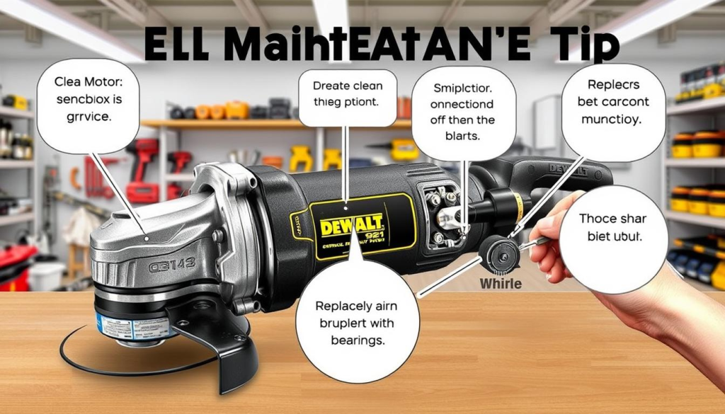 A detailed, technical illustration of a DEWALT 921 angle grinder, showcasing key maintenance tips. The foreground depicts the grinder's components - motor, gearbox, spindle, and guards - with labels highlighting areas that require regular inspection and servicing. The middle ground features a mechanic's hands performing routine maintenance tasks, such as cleaning the air vents, replacing the carbon brushes, and lubricating the bearings. The background is a clean, well-lit workshop setting, with shelves of DEWALT tools and spare parts visible. The lighting is crisp and uniform, capturing the precision and attention to detail required for proper grinder maintenance. The overall tone is informative and instructional, emphasizing the importance of regular upkeep for optimal performance and longevity of the DEWALT 921 angle grinder.