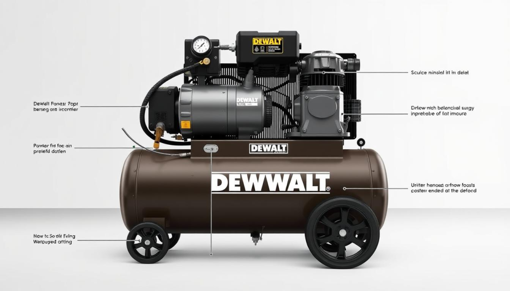 A detailed technical illustration of a DEWALT air compressor, showcasing its key specifications. The compressor is displayed in a well-lit, high-resolution rendering, captured from a slightly elevated angle to highlight its sleek, industrial design. The foreground focuses on the compressor's control panel, hose connections, and air pressure gauge, providing clear visibility of the technical details. The middle ground showcases the compressor's powerful motor and air tank, while the background features a clean, minimalist environment to emphasize the subject. The overall mood is one of precision, quality, and technical excellence, reflecting the DEWALT brand's reputation for durable, high-performance power tools.