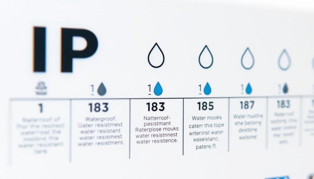 A detailed technical illustration of the IP (Ingress Protection) rating scale for waterproof speakers, showcasing various levels of water resistance. The image should have a clean, minimalist design with a white background, highlighting the IP numbers, water droplet icons, and brief explanatory text for each rating. The lighting should be soft and diffused, creating a sense of simplicity and clarity. The camera angle should be slightly elevated, providing a comprehensive view of the rating system. The overall mood should convey a sense of educational utility, emphasizing the importance of understanding waterproof specifications for audio equipment.