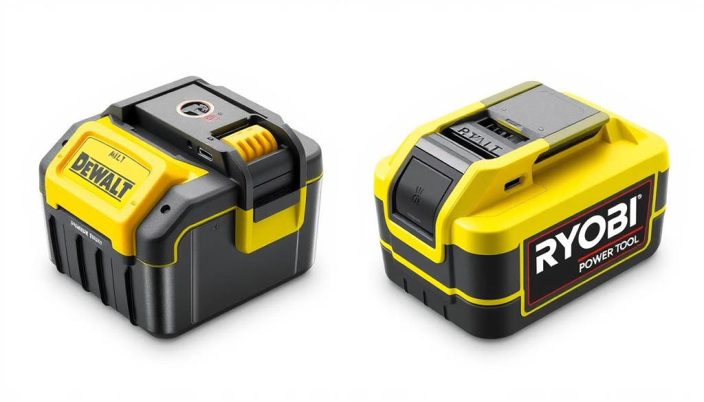 A detailed, technical illustration of two DeWalt and Ryobi power tool batteries, arranged side-by-side against a clean, neutral background. Crisp, high-resolution rendering with a focus on the physical design, form factors, and connectors of the batteries, emphasizing their interchangeability. Bright, even lighting from multiple angles to showcase the textures, colors, and visual cues that suggest compatibility. The composition should convey a sense of precision, engineering, and the technical principles underlying battery interchangeability between these two popular power tool brands.