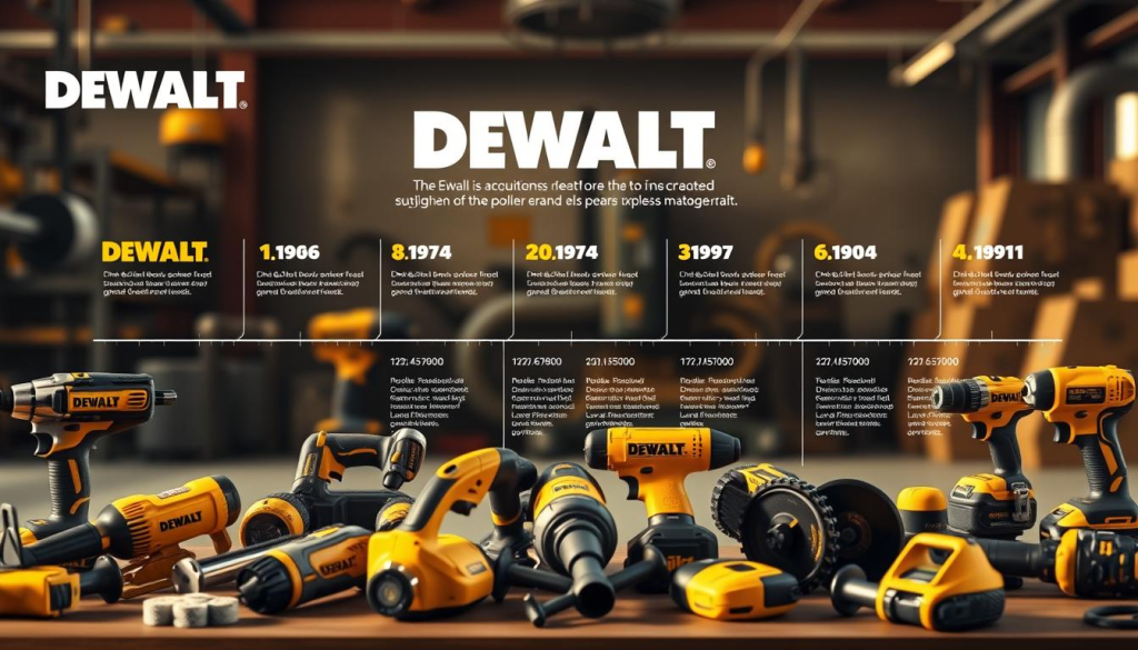 A detailed timeline of DEWALT tools, showcasing the brand's acquisition and expansion over the years. In the foreground, a collection of iconic DEWALT power tools and hand tools, meticulously rendered in a realistic, high-resolution style. In the middle ground, a series of historical milestones and acquisitions, presented in a clean, minimalist timeline infographic. The background features a subtle industrial setting, with hints of machinery and factory elements, conveying the brand's commitment to durability and professional-grade performance. The overall mood is one of innovation, progress, and the evolution of a trusted power tool manufacturer. Warm, natural lighting illuminates the scene, creating a sense of depth and dimension.