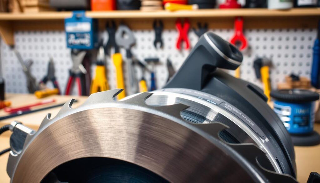 A detailed view of a 7 1/4 inch circular saw, its metal casing gleaming under soft, directional lighting. In the foreground, the blade is clearly visible, its sharp teeth meticulously maintained. The middle ground showcases the saw's controls and settings, inviting the user to carefully inspect and adjust them. In the background, a clean, organized workspace with various maintenance tools sets the scene, conveying a sense of diligence and care. The overall atmosphere is one of precision, functionality, and a commitment to preserving the longevity of this reliable power tool.