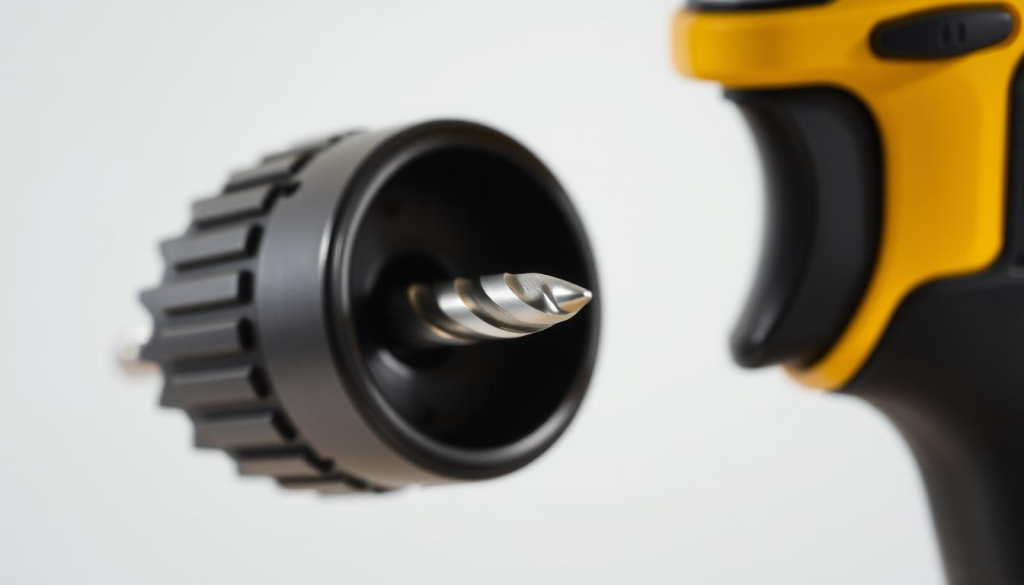 A detailed, well-lit close-up of a DeWalt cordless power drill, with the chuck opened and a silver drill bit securely installed. The bit should be centered in the image, with the drill body and chuck taking up the majority of the frame. The lighting should be bright and even, casting subtle shadows that highlight the textures and materials of the drill and bit. The background should be clean and simple, allowing the drill and bit to be the focal point. The overall mood should convey a sense of precision, functionality, and professional tool usage.