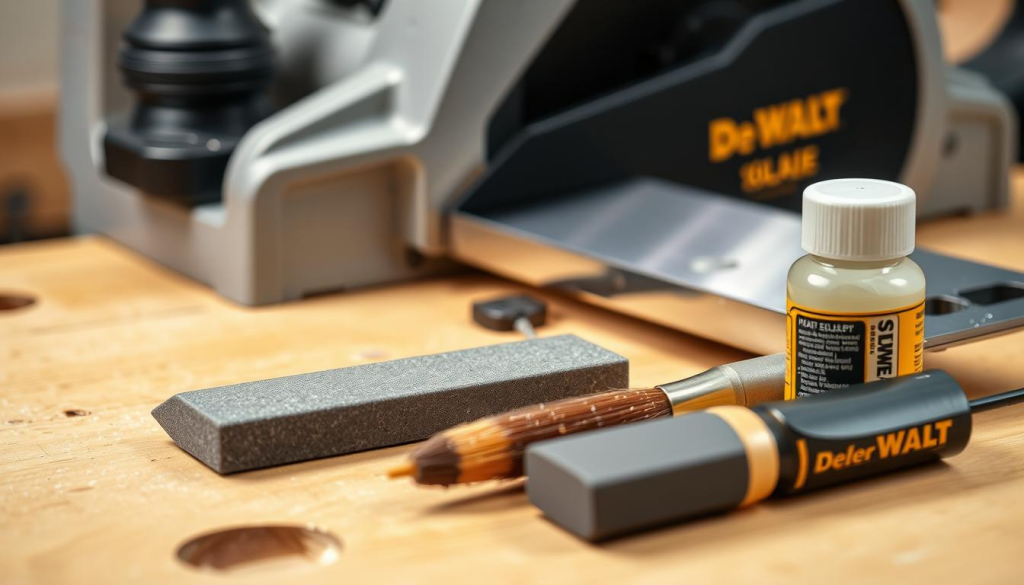 A detailed, well-lit close-up of a DeWalt planer blade, resting on a clean, wooden workbench. The blade is sharp, gleaming, and in pristine condition, showcasing its high-quality construction. In the foreground, a set of specialized planer blade maintenance tools, including a sharpening stone, brush, and lubricant, are neatly arranged, hinting at the care and attention required to keep the blade functioning at its best. The background is softly blurred, allowing the viewer to focus solely on the blade and the tools, conveying a sense of professionalism and attention to detail. The lighting is balanced, with a slight warm tone, creating a welcoming and informative atmosphere.