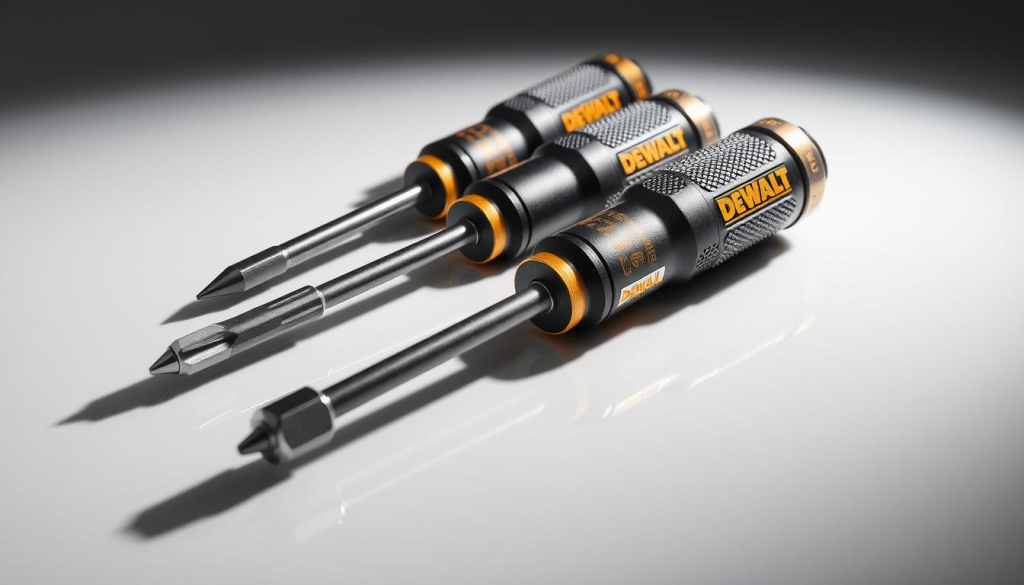 A detailed, well-lit product shot of a DEWALT nut driver set, positioned on a clean, reflective surface. The nut drivers are arranged in a visually appealing layout, showcasing their key features such as the thick, knurled handles, the magnetic tips, and the precision-machined shafts. The lighting accentuates the sleek, industrial design of the tools, creating dynamic shadows and highlights. The overall mood is professional and technical, emphasizing the high-quality craftsmanship and durability of the DEWALT nut drivers.