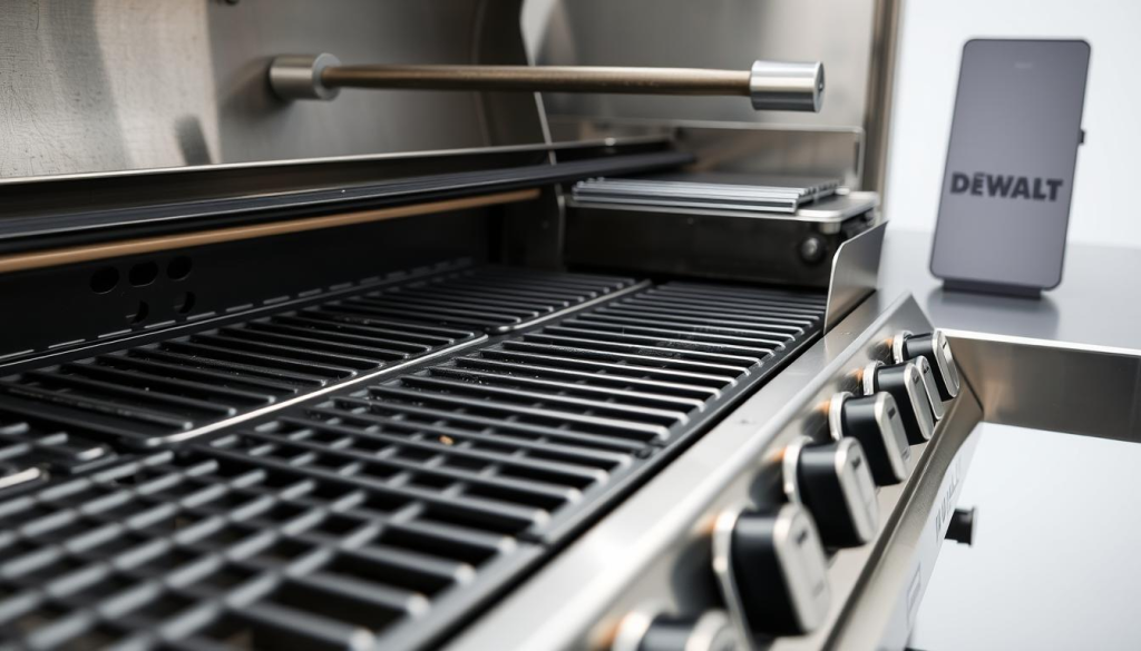 A detailed, well-lit studio shot of the key parts and components that make up the DEWALT grill. The foreground features the grill grates, burners, and control panel in sharp focus, showcasing the robust, high-quality construction. The middle ground includes the lid, handles, and other functional elements, demonstrating the grill's thoughtful design. The background subtly reveals the stainless steel body and frame, emphasizing the product's durability and premium aesthetic. The lighting accentuates the metallic finishes, creating a clean, professional look that highlights the grill's key features and engineering.