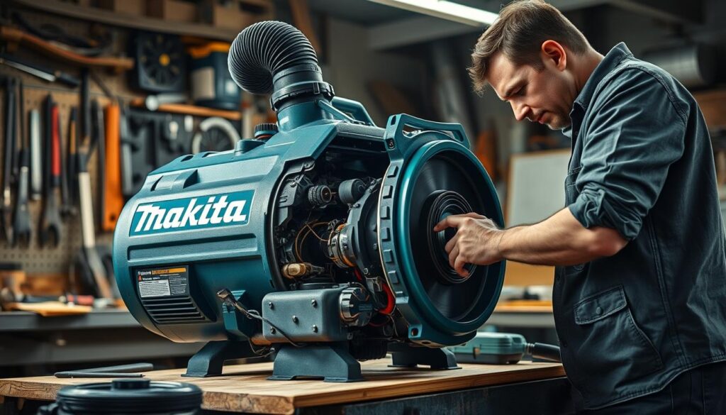 A detailed workshop scene with a Makita dust extractor prominently displayed. The extractor is disassembled, revealing its inner workings. An engineer examines the components, troubleshooting the system. The background features a cluttered workbench and tools, conveying the industrial setting. Soft, directional lighting illuminates the scene, casting shadows and highlights that emphasize the textures and details. The overall mood is one of problem-solving, with a sense of focus and concentration. The image should convey the technical aspects of dust extractor troubleshooting in a visually engaging manner.