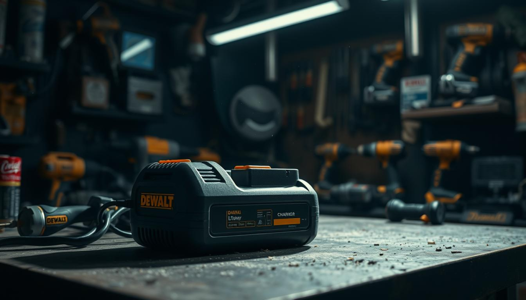 A dimly lit workshop interior, showcasing a DEWALT battery charger placed on a cluttered workbench. Subtle shadows cast by the charger highlight its form, while dust motes dance in the cool, indirect lighting. The background features an array of power tools, hinting at the charger's intended environment. The overall atmosphere is one of subdued industrial ambiance, reflecting the potential impact of environmental factors on the charger's performance.