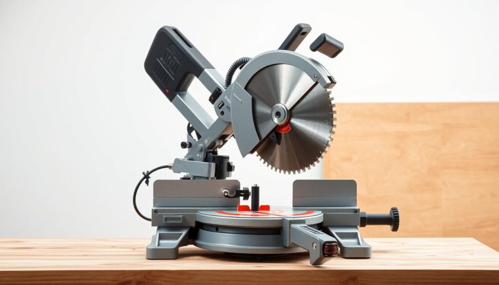 A durable, professional-grade miter saw standing firmly on a sturdy workbench, its 12-inch blade gleaming under bright studio lighting. The sleek metallic chassis exudes quality and precision, complemented by ergonomic handles and intuitive controls. The saw's powerful motor purrs quietly, ready to slice through hardwood with smooth, accurate cuts. In the background, a clean, uncluttered environment emphasizes the saw's well-built, industrial design. Subtle shadows and highlights accentuate the tool's robust construction, conveying a sense of reliable performance and durability.