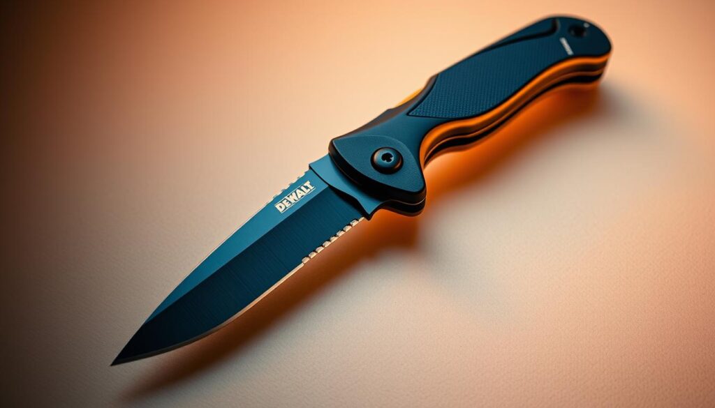 A finely crafted DEWALT folding knife, its sleek black handle gleaming under warm studio lighting. The sharp, serrated blade cuts through the frame, capturing its robust and dependable design. The knife rests on a neutral, matte surface, showcasing its sturdy construction and ideal balance for everyday tasks. The composition highlights the knife's versatility, making it the perfect tool for a variety of applications, from outdoor adventures to DIY projects. The overall tone conveys a sense of reliability and rugged functionality, aligning with the DEWALT brand's reputation for durable, high-performance tools.