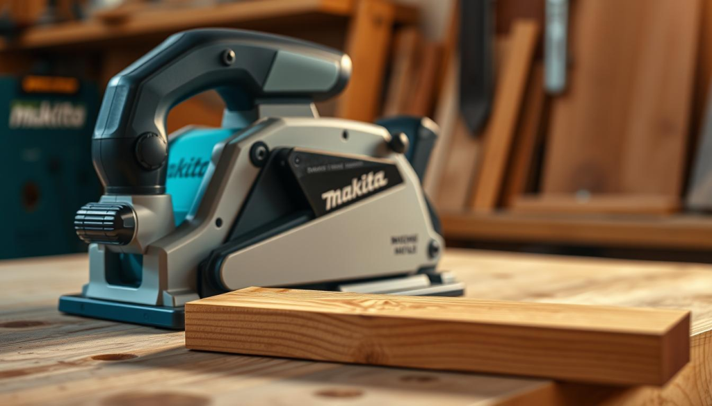 A finely crafted Makita planer standing on a sturdy workbench, its polished steel blades gleaming under warm studio lighting. The planer's sleek, angular design creates a sense of precision and power, hinting at the smooth, efficient wood-planing it can perform. In the foreground, a piece of freshly planed wood lies, its grain and texture now revealed in exquisite detail. The background is softly blurred, drawing the viewer's focus to the tool at the heart of this professional-grade wood-working setup.