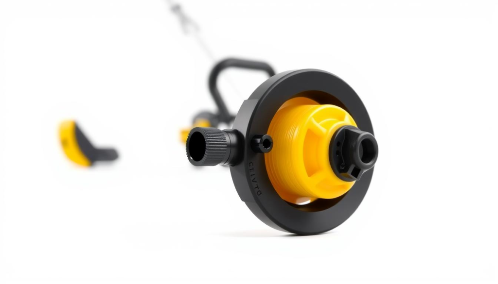 A finely detailed and highly realistic render of the DEWALT Quickload Spool Head, shot against a clean, bright white background with natural, even lighting. The spool head takes up the foreground, showcasing its sleek, ergonomic design, with a sharp focus on the key compatibility features, such as the quick-release mechanism and the spool capacity. The middle ground features a blurred, out-of-focus DEWALT string trimmer, hinting at the product's intended use, while the background maintains a pure, pristine white space, allowing the spool head to be the sole focus of the image.