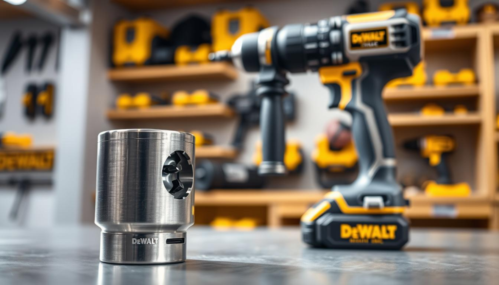 A gleaming DeWalt keyless chuck, its metallic surface reflecting the soft, diffused lighting of a professional workshop. The chuck stands prominently in the foreground, its powerful jaws open and ready to grip a variety of drill bits. In the middle ground, a modern cordless drill hovers, its sleek and ergonomic design hinting at the seamless integration with the keyless chuck. The background features a clean, organized workspace, with shelves displaying an array of DeWalt tools, conveying a sense of efficiency and professionalism. The overall mood is one of precision, reliability, and the effortless control that a DeWalt keyless chuck can provide for the modern DIYer or tradesperson.